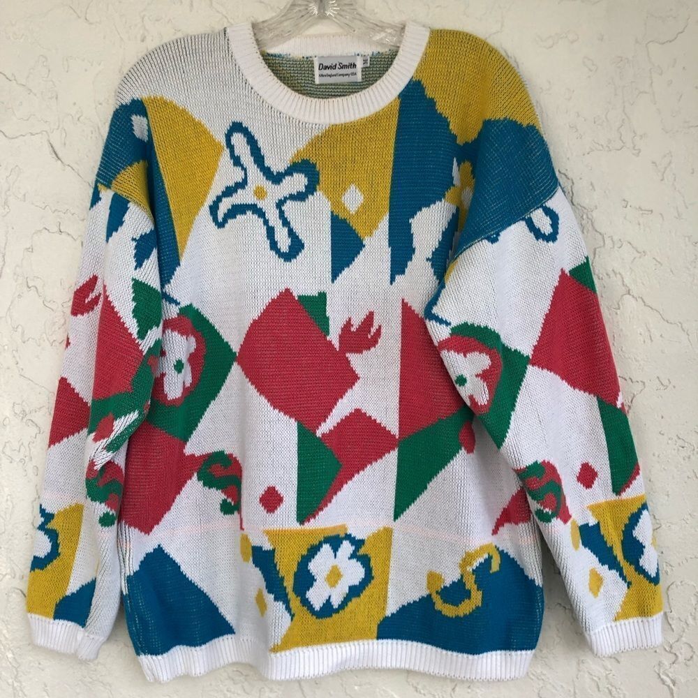 VINTAGE Multicolor Chunky Knit Geometric Abstract Print Sweater Size Medium‎